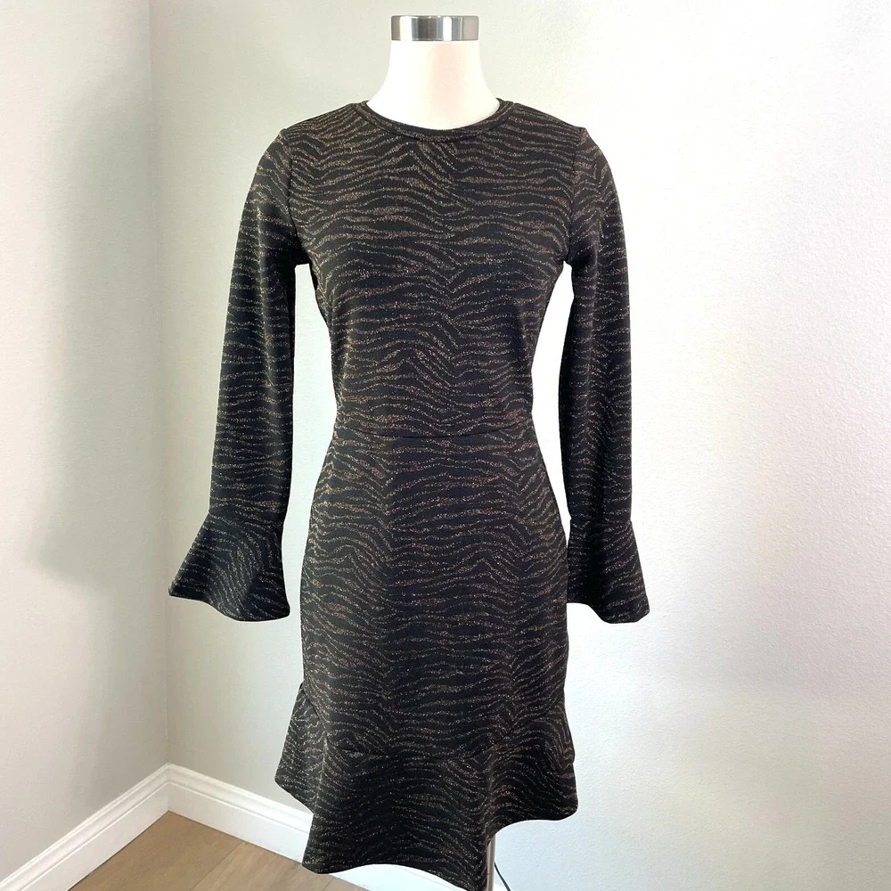 Michael Kors Womens Small Metallic Animal Print Flounce Hem Dress Long Sleeve‎